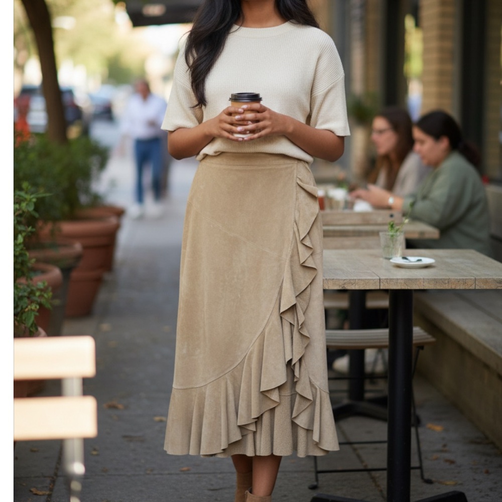 Vintage Moda International Genuine Leather Ruffle Midi Skirt